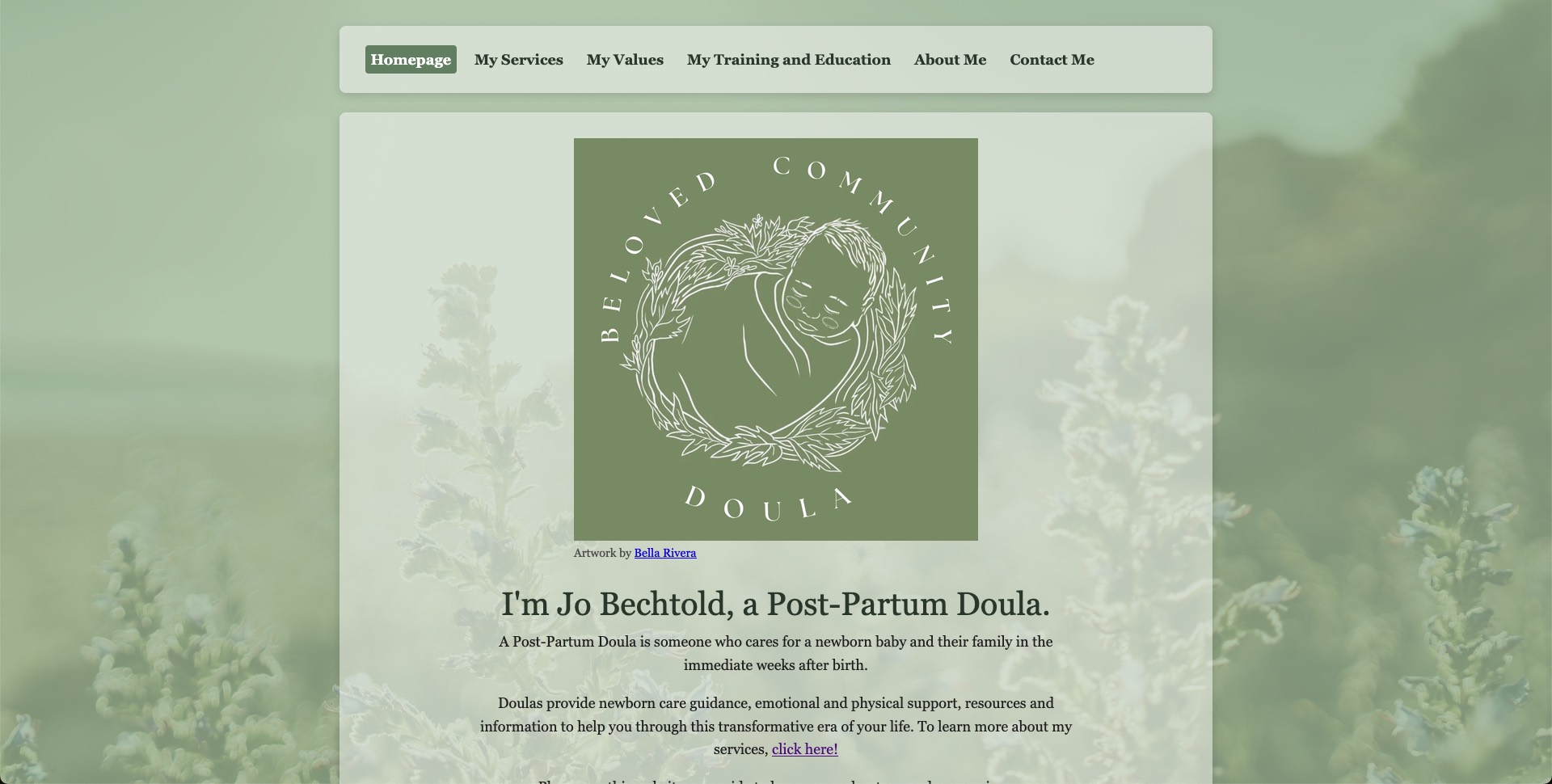 Pale green homepage with a circular logo of a swaddled baby ringed by leaves, above an introduction from the doula.