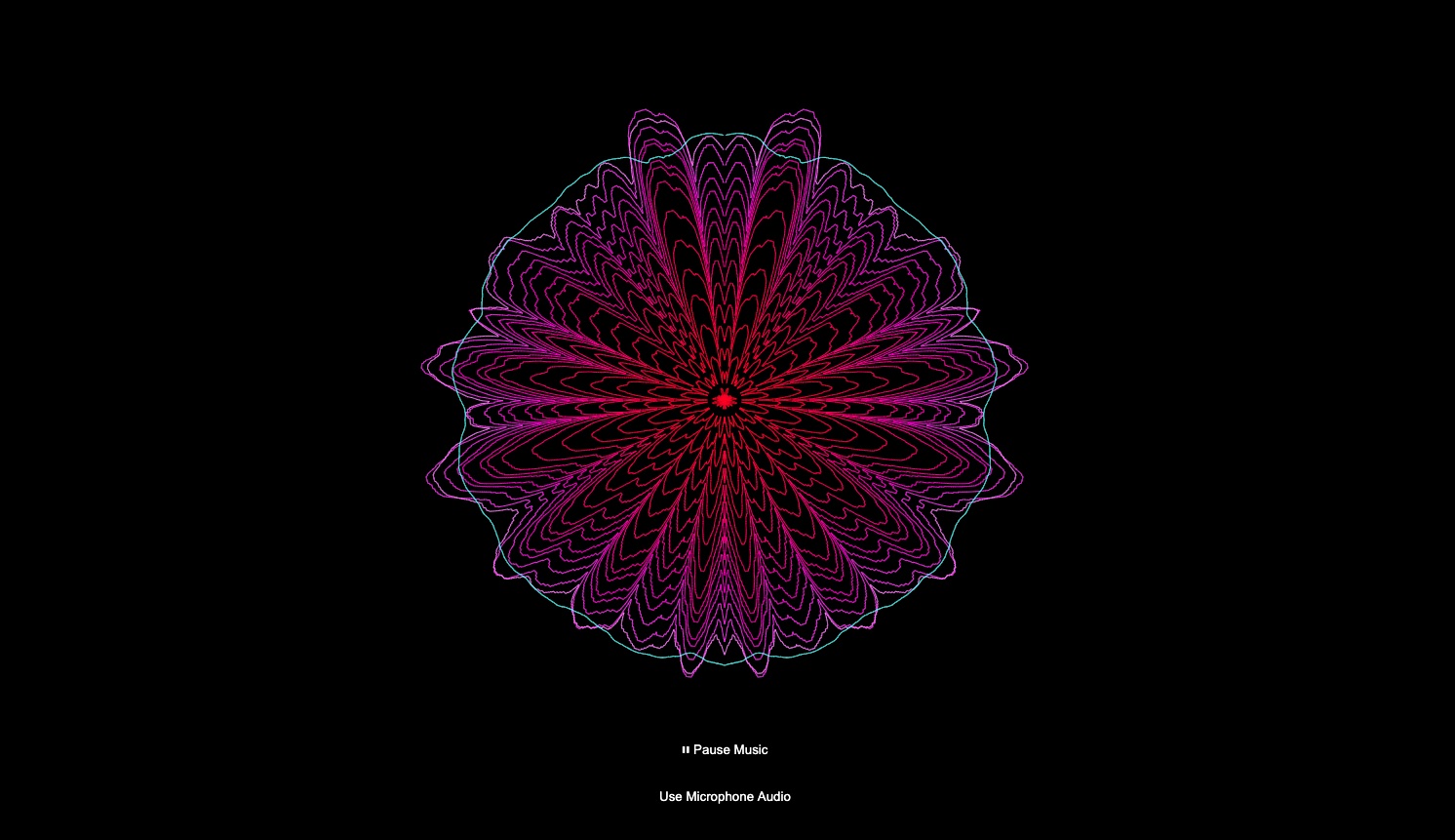 Symmetrical magenta and teal line figure resembling a flower, drawn on black, with pause and microphone controls beneath.