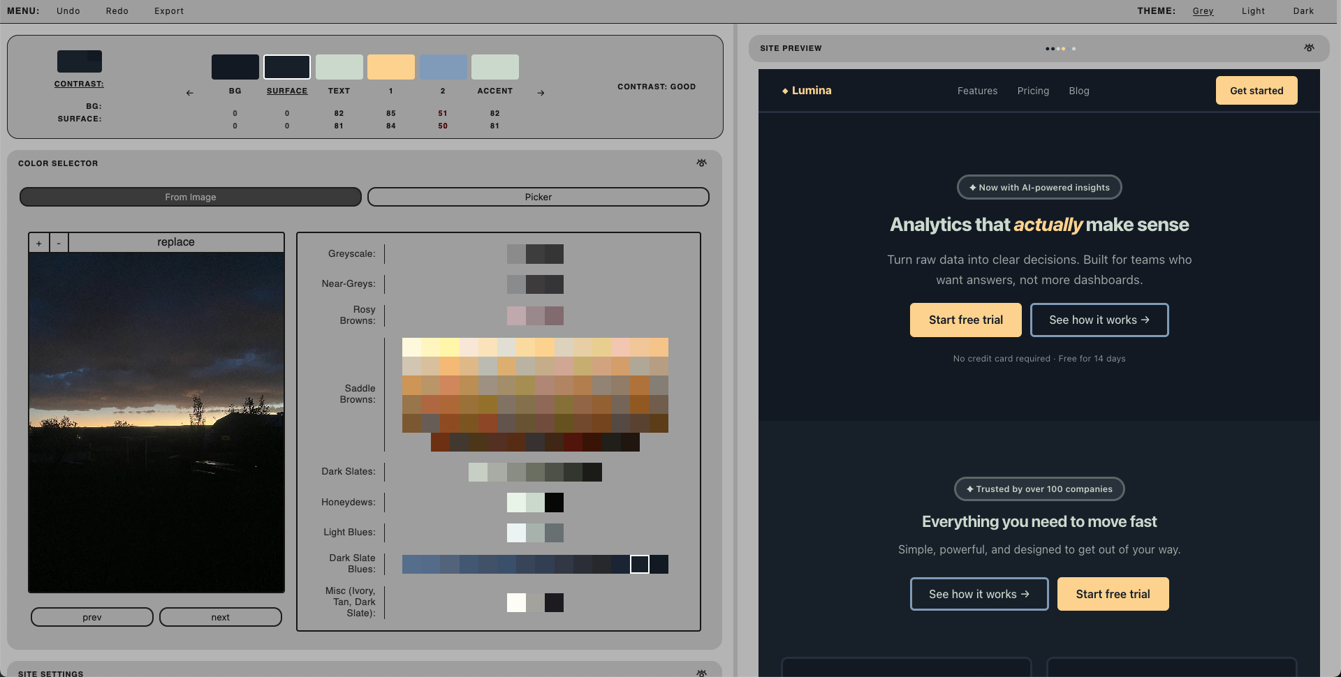 Color tool showing swatch rows sampled from a dusk photograph, contrast ratios along the top, and a live site preview beside them.