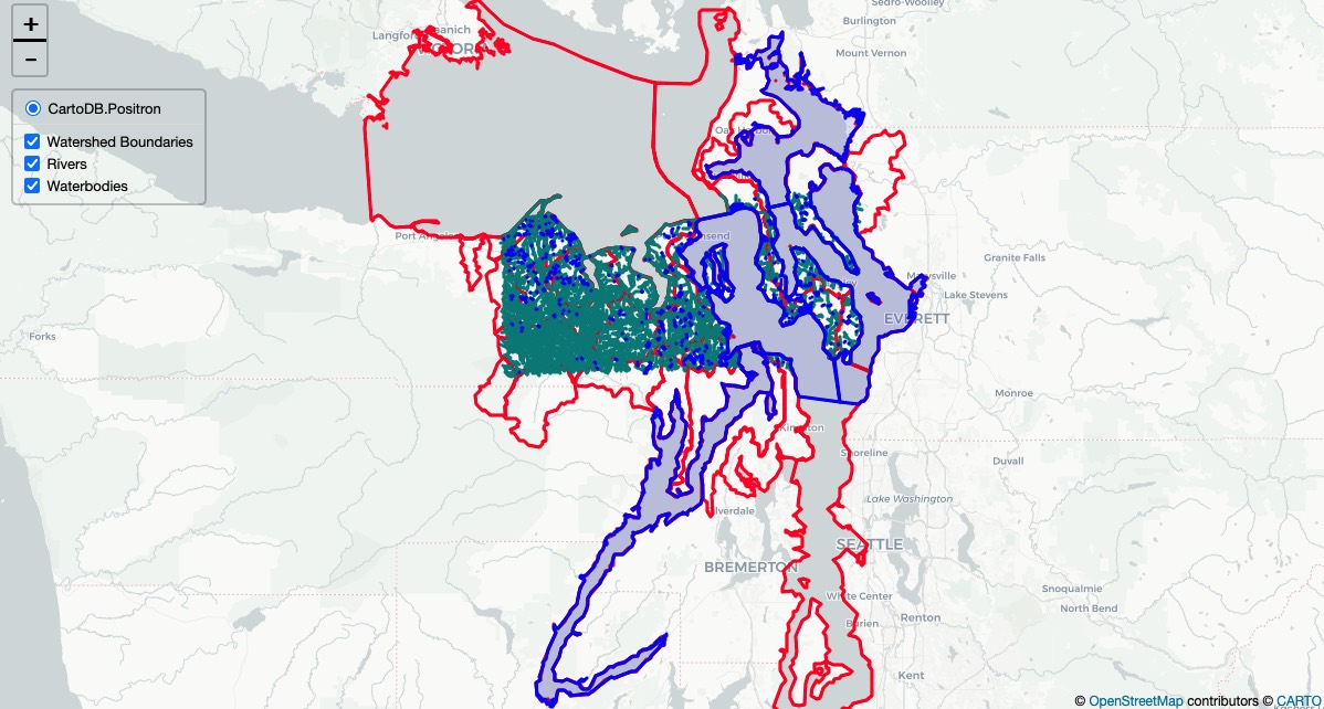 Map of Puget Sound with red watershed outlines, blue river networks and green waterbodies, beside a panel of layer toggles.