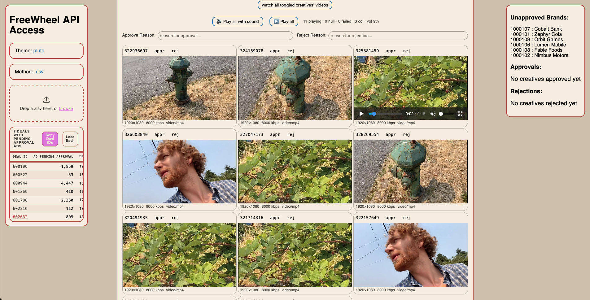 Grid of nine ad videos playing at once, each with an ID and approve or reject controls, beside a list of deals pending approval.